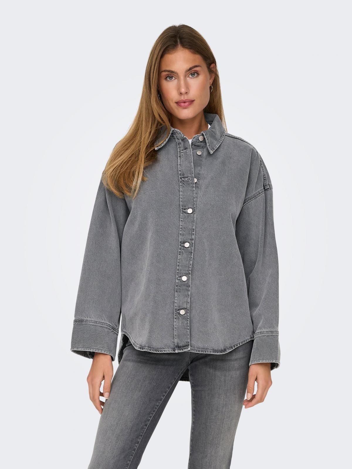 온리 오버핏 데님 긴팔 셔츠 캐주얼 코튼 15340611_2105 GREY / MEDIUM GREY DENIM - 상품 이미지