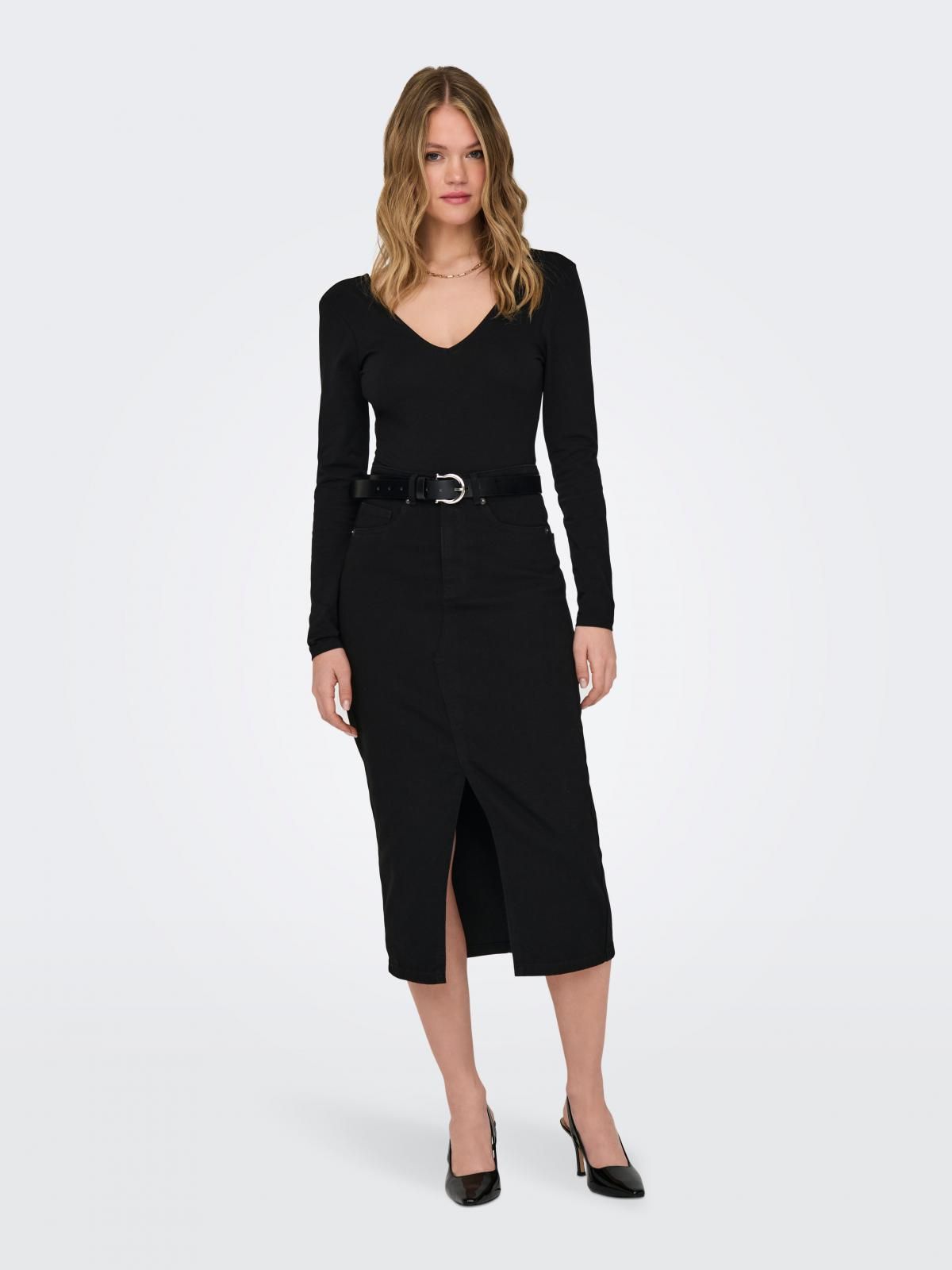 온리 블랙 데님 미디 스커트 슬릿 포켓 15324365_2103 BLACK / BLACK DENIM - 상세 이미지 5