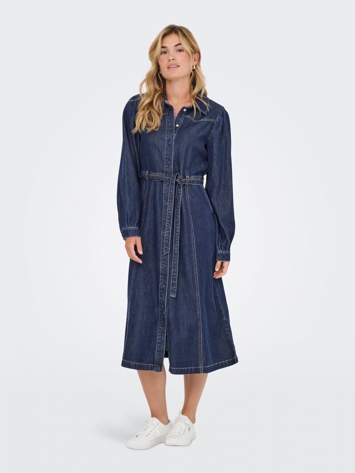 온리 데님 셔츠 롱 원피스 벨트 퍼프소매 15352413_2114 BLUE / DARK BLUE DENIM - 상품 이미지