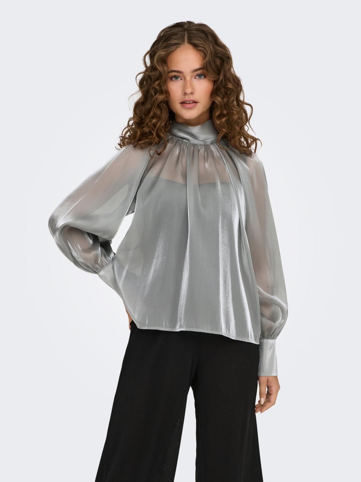 제이디와이 시스루 하이넥 볼륨소매 리본 블라우스 15335455_387 GREY / SILVER - 메인 이미지