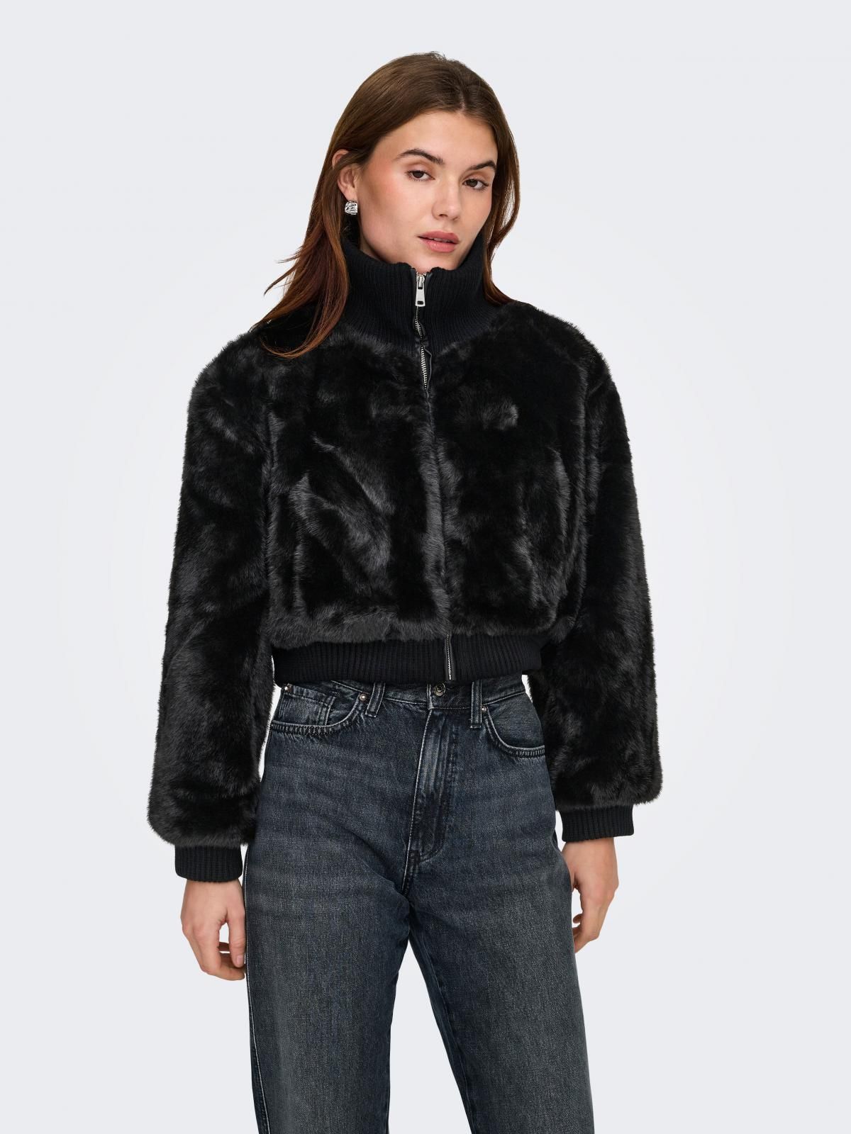 온리 페이크퍼 하이넥 집업 재킷 15349157_2161 BLACK / BLACK - 상품 이미지