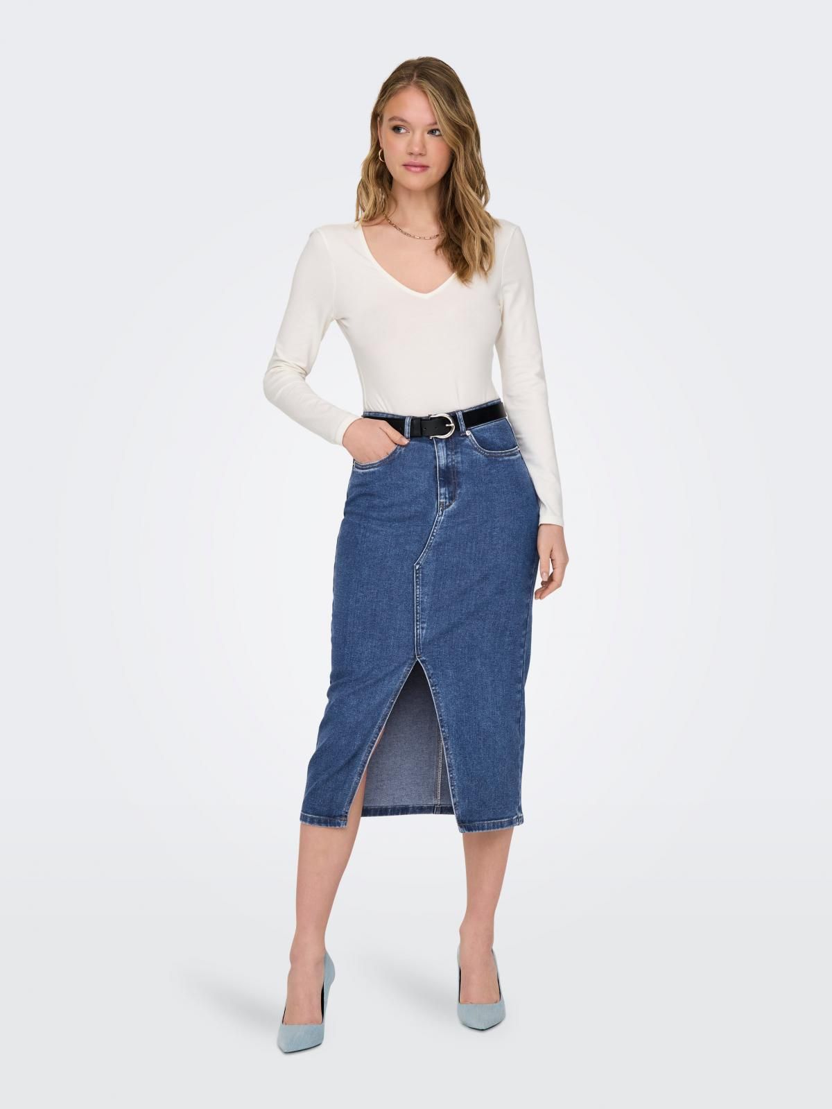 온리 데님 미디 트렌디 슬릿 스커트 15324365_2115 BLUE / MEDIUM BLUE DENIM - 상세 이미지 5