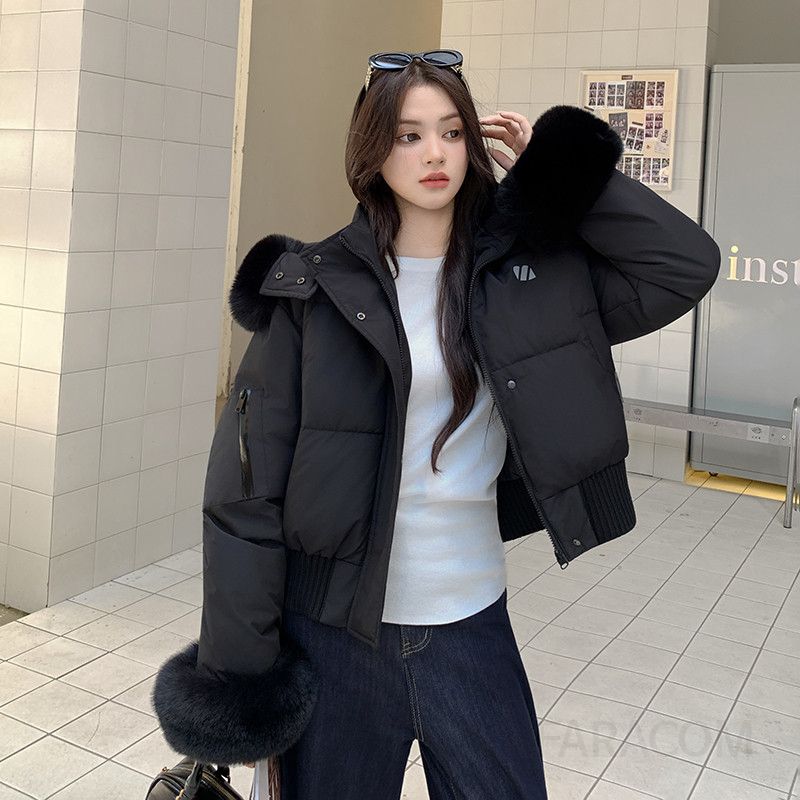 여성 데일리 루즈핏 퍼후드 숏패딩 점퍼 항공점퍼 소매 퍼 트리밍 따뜻한 겨울 아우터 패딩 - 상세 이미지 4