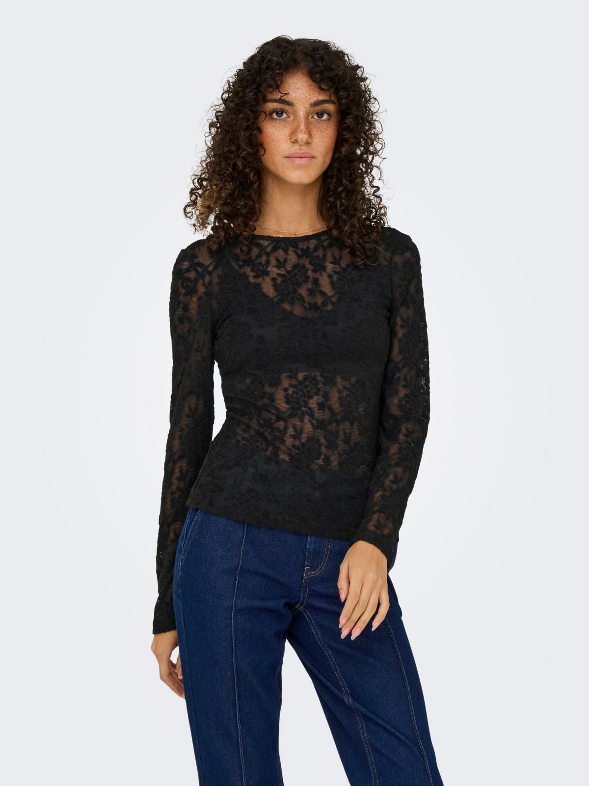 온리 레이스 시스루 블랙 라운드넥 긴팔 탑 15356155_2161 BLACK / BLACK - 상품 이미지