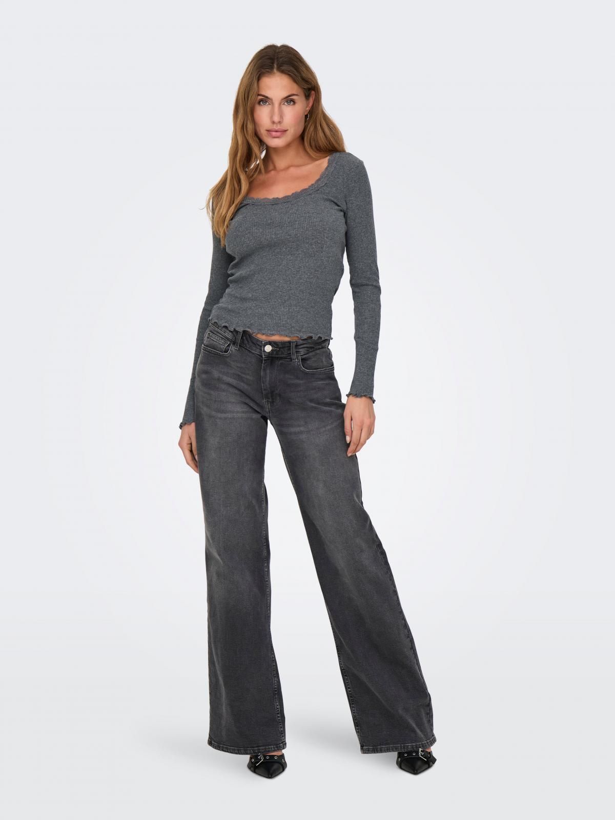 온리 베이직 라운드넥 레이스 긴팔 티셔츠 15330728_2383 GREY / DARK GREY MELANGE - 상세 이미지 5
