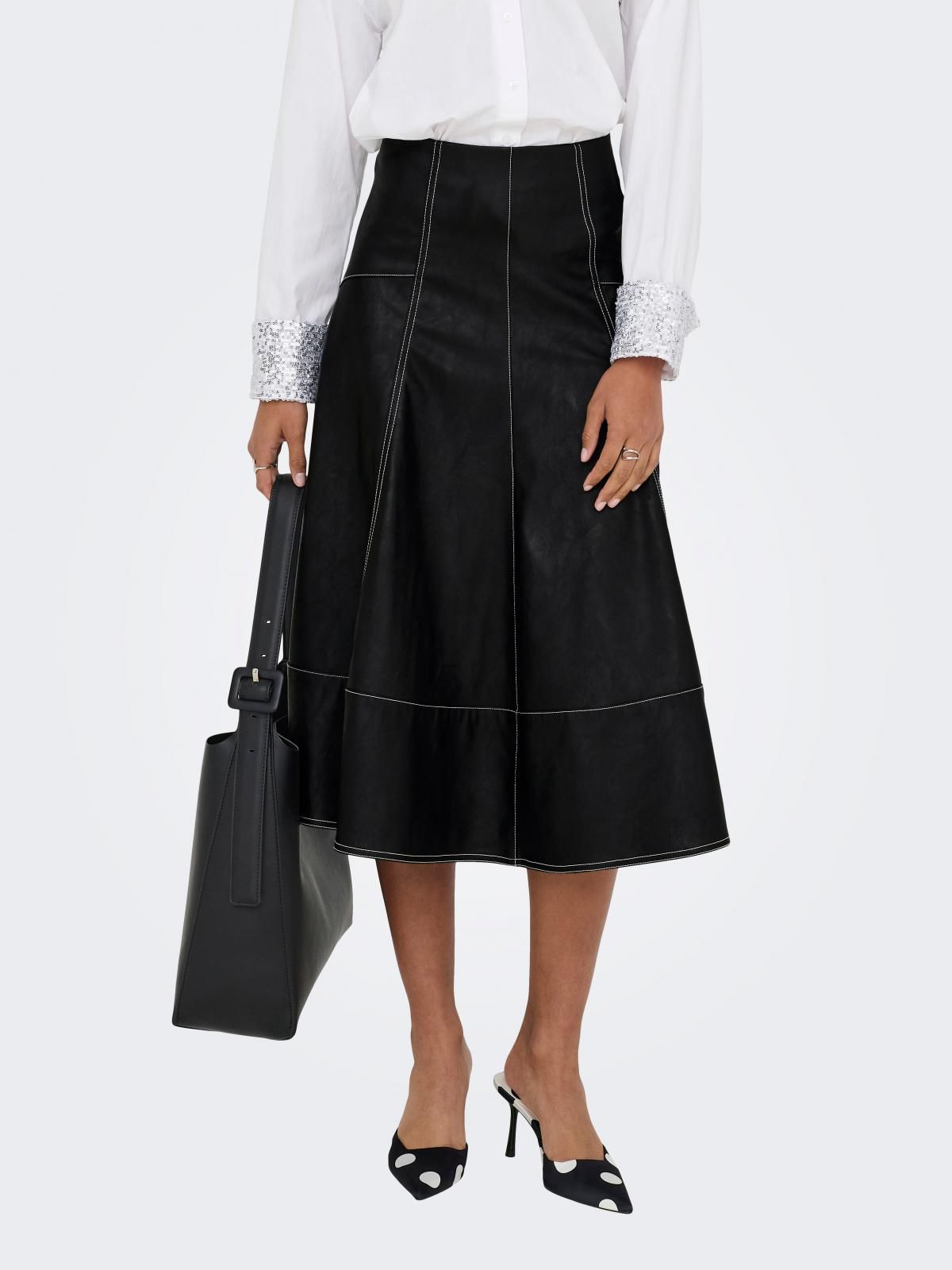 온리 테크니컬 레더 미디 스커트 15350401_2161 BLACK / BLACK - 상품 이미지