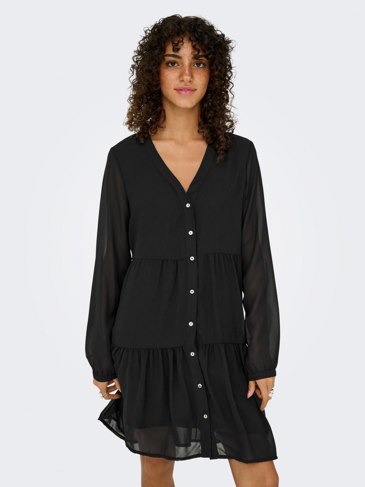 온리 베이직 셔링 브이넥 쉬폰 미니 원피스 15360377_2161 BLACK / BLACK - 상품 이미지