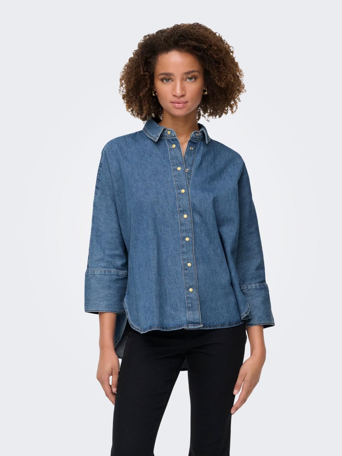 온리 테크니컬 데님 7부소매 셔츠 15335590_2115 BLUE / MEDIUM BLUE DENIM - 상품 이미지