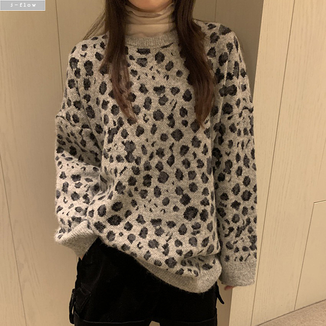 하입 호피 레오파드 오버핏 하프 울 니트 2col 겨울 봄 박시 보송 라운드 제이플로우 - 상세 이미지 5