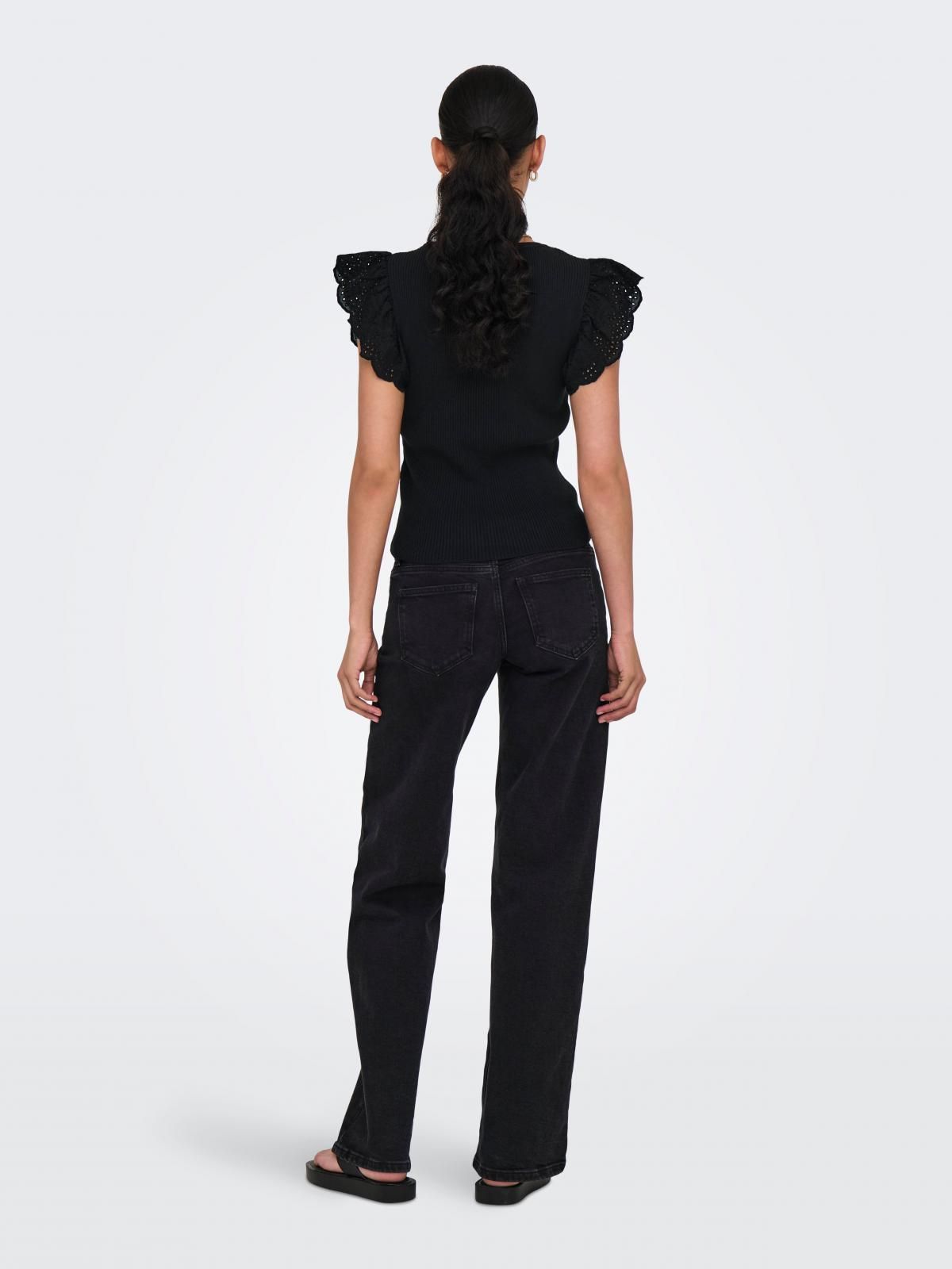온리 프릴소매 라운드넥 니트 탑 슬림핏 15347788_2161 BLACK / BLACK - 상세 이미지 2