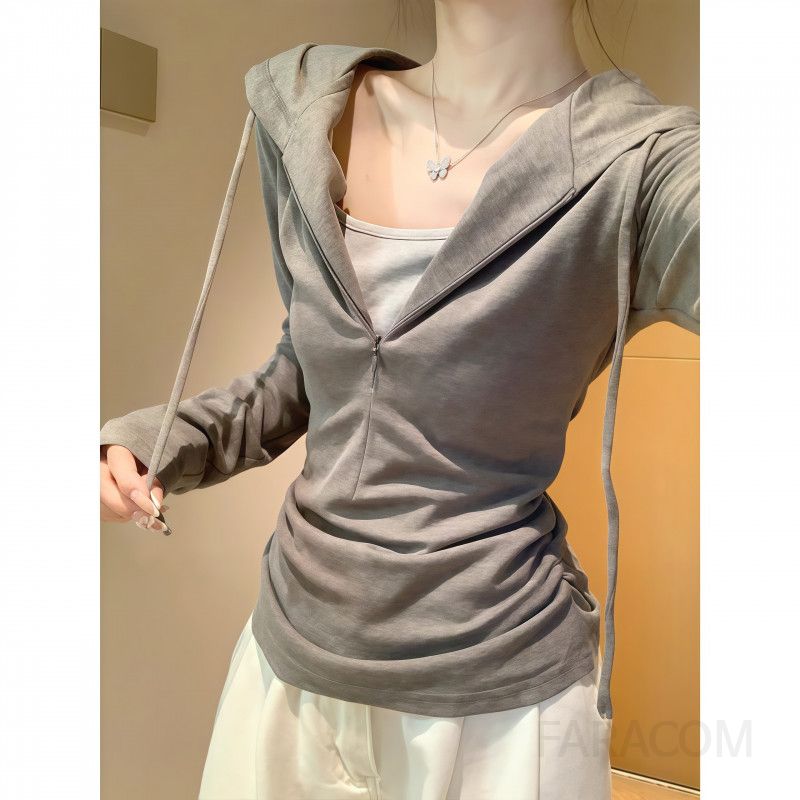 여성 슬림핏 후드집업 긴팔 티셔츠 데일리 캐주얼 베이직 간절기 봄 가을 - 상세 이미지 2