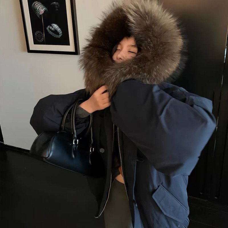 여성 겨울 루즈핏 오리털 후드 패딩 점퍼 숏 기장 항공 점퍼 캐주얼 데일리 아우터 따뜻한 보온 방한 코디 - 상세 이미지 3