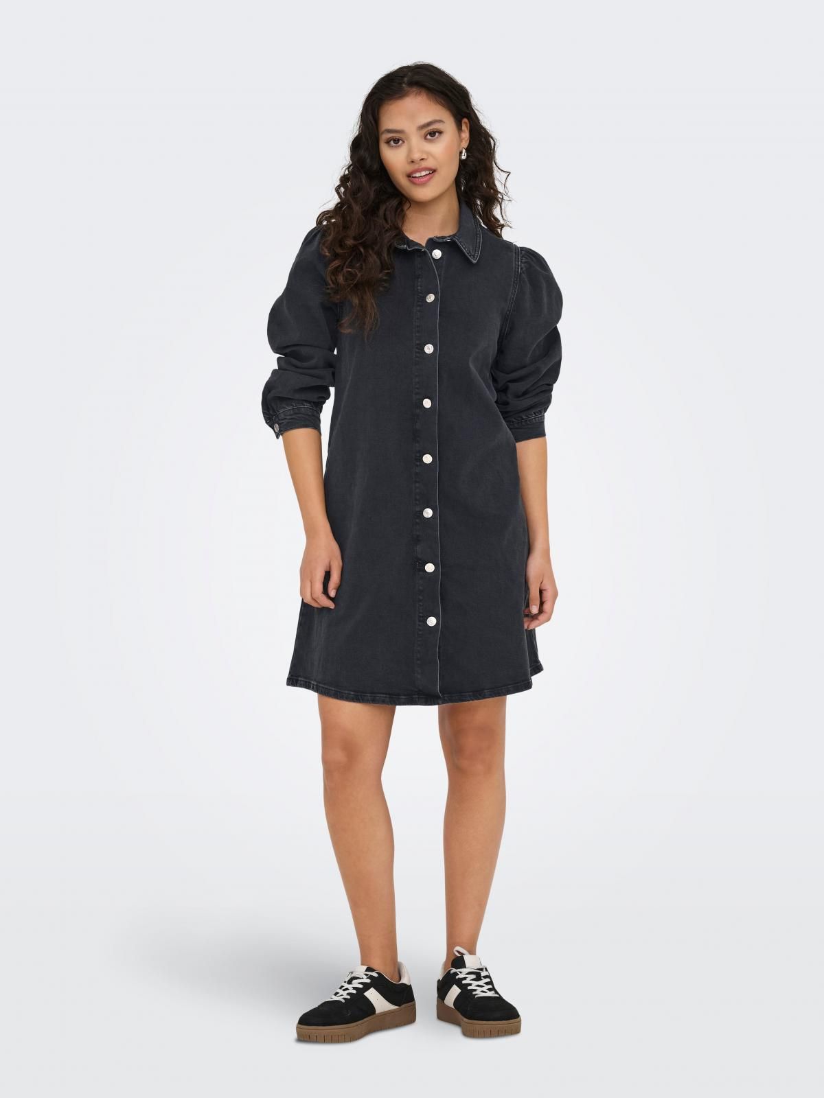 온리 데님 퍼프소매 셔츠카라 미니 원피스 15345570_8183 BLACK / WASHED BLACK - 상세 이미지 5