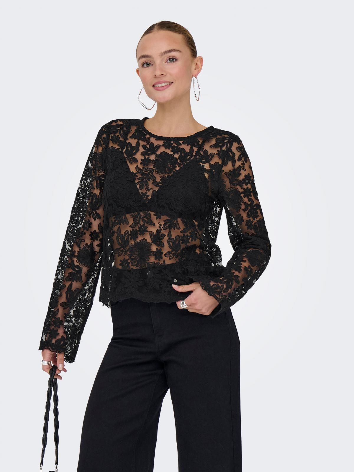 온리 레이스 시스루 블랙 퍼프소매 블라우스 15364735_2161 BLACK / BLACK - 상세 이미지 2
