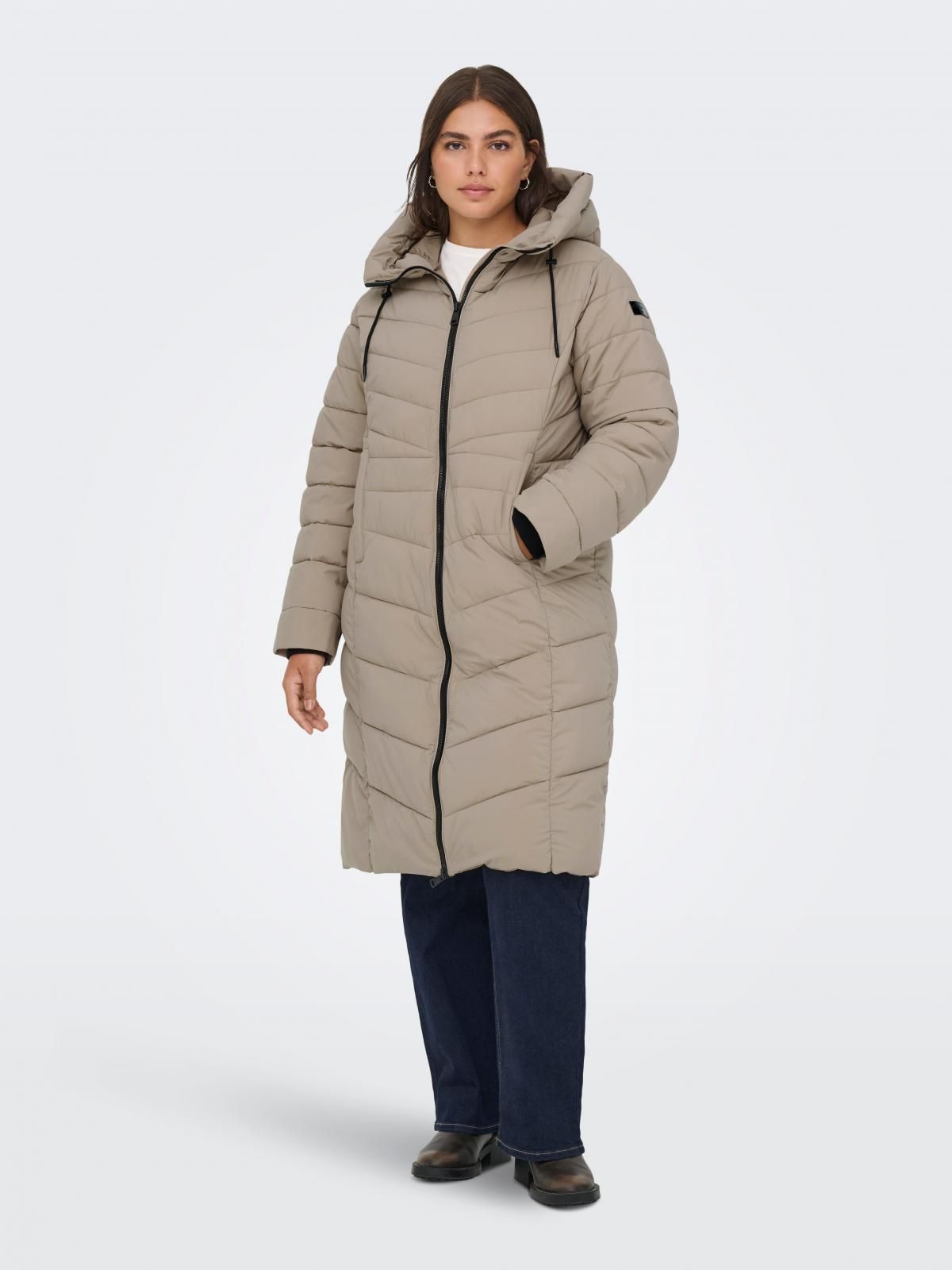 온리 테크니컬 퀼팅 롱 코트 후드 15354594_111 BROWN / SILVER MINK - 상세 이미지 5