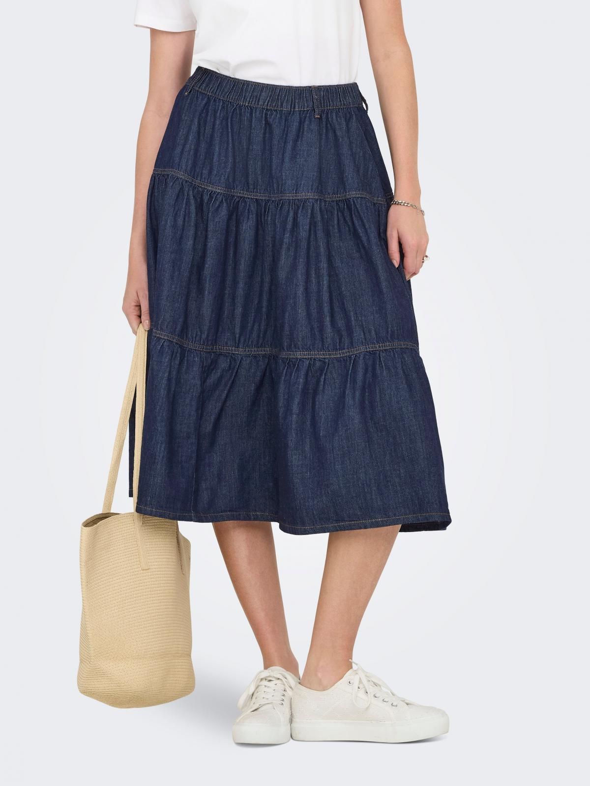 온리 데님 롱 스커트 밴딩 캐주얼 15357968_2114 BLUE / DARK BLUE DENIM - 상품 이미지