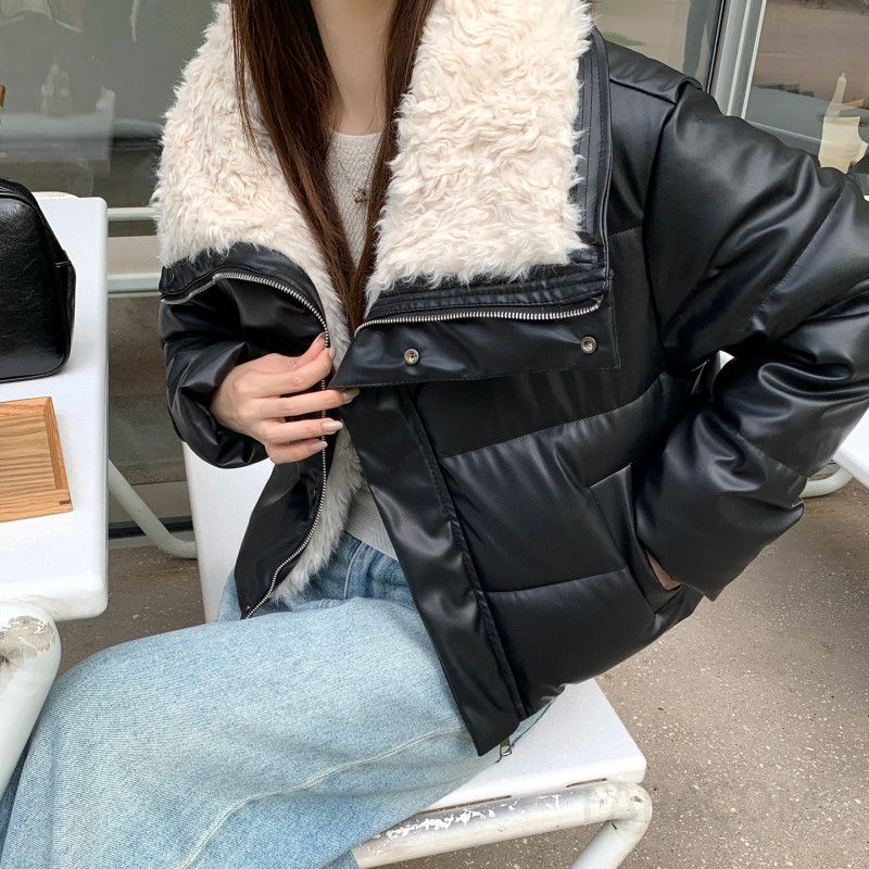 세련된 퍼카라 인조가죽 여성 패딩 점퍼 따뜻한 겨울 아우터 오버핏 루즈핏 데일리 외투 캐주얼 코디 - 상세 이미지 3