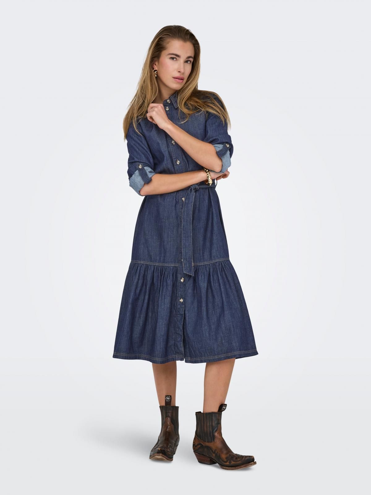 온리 데님 셔츠카라 벨트 프릴 롱 원피스 15357967_2114 BLUE / DARK BLUE DENIM - 상세 이미지 5