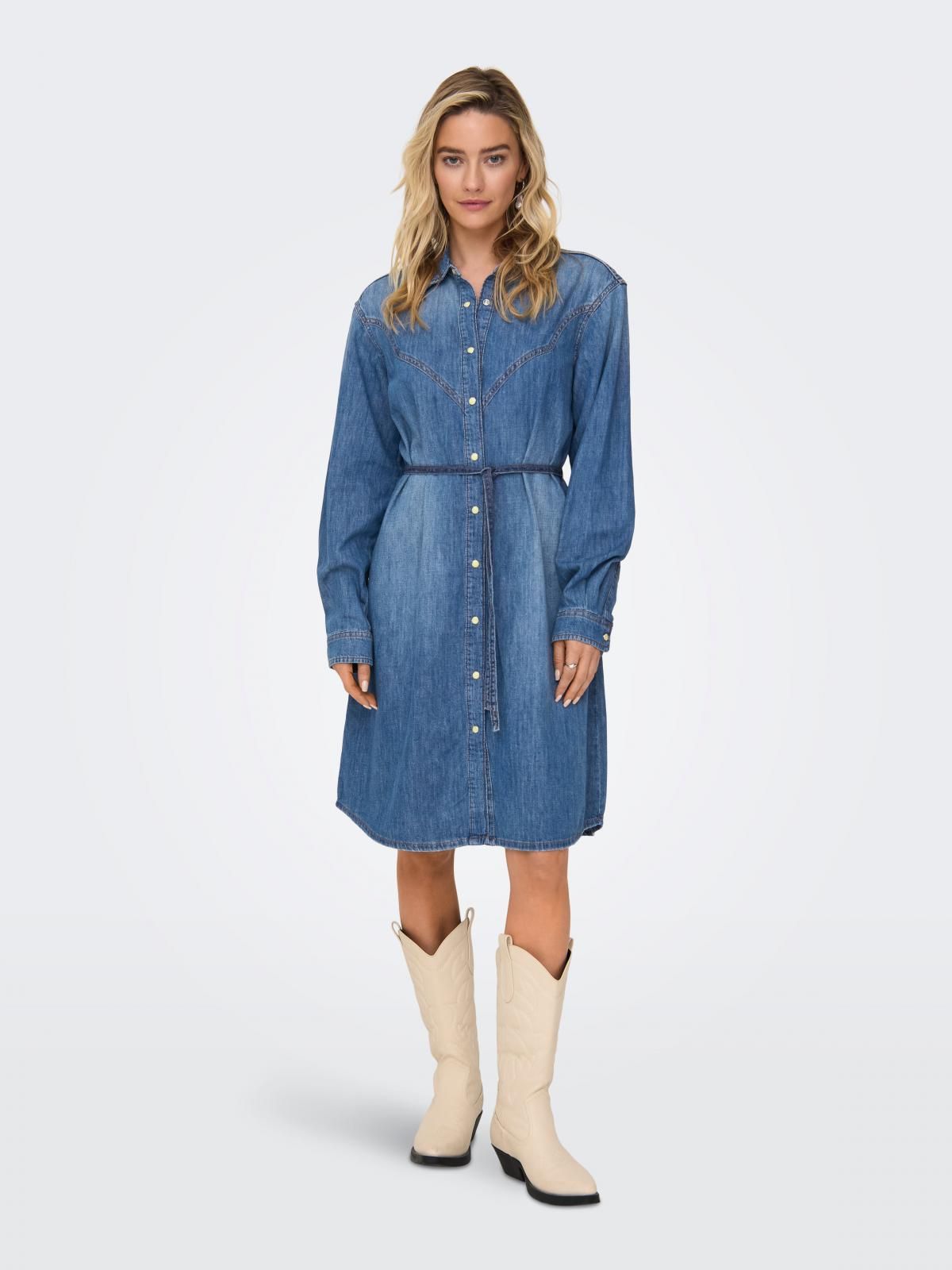 온리 데님 셔츠카라 벨티드 미니 원피스 15354317_2115 BLUE / MEDIUM BLUE DENIM - 상세 이미지 2