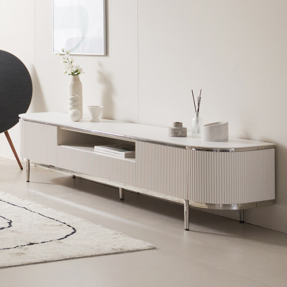 밀크 세라믹 템바보드 TV거실장 낮은 티비다이 티비장 2000, 화이트 실버