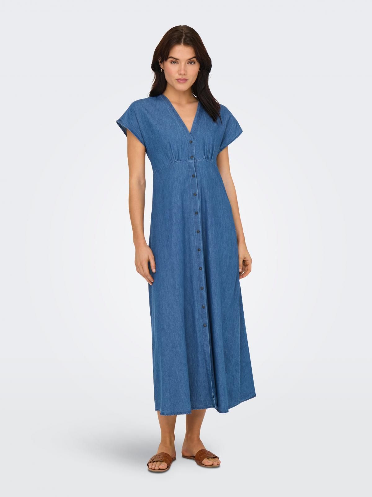 온리 데님 롱 브이넥 버튼 원피스 15358776_2115 BLUE / MEDIUM BLUE DENIM - 상세 이미지 5