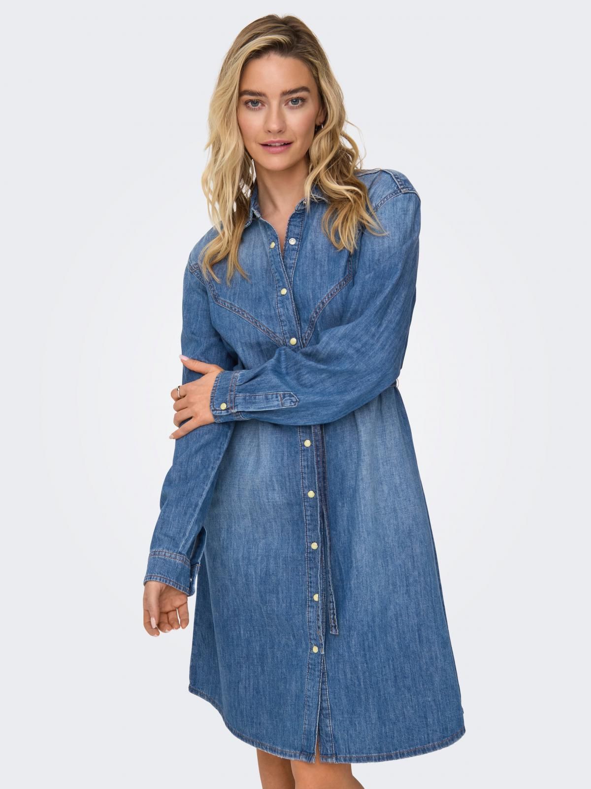 온리 데님 셔츠카라 벨티드 미니 원피스 15354317_2115 BLUE / MEDIUM BLUE DENIM - 상품 이미지