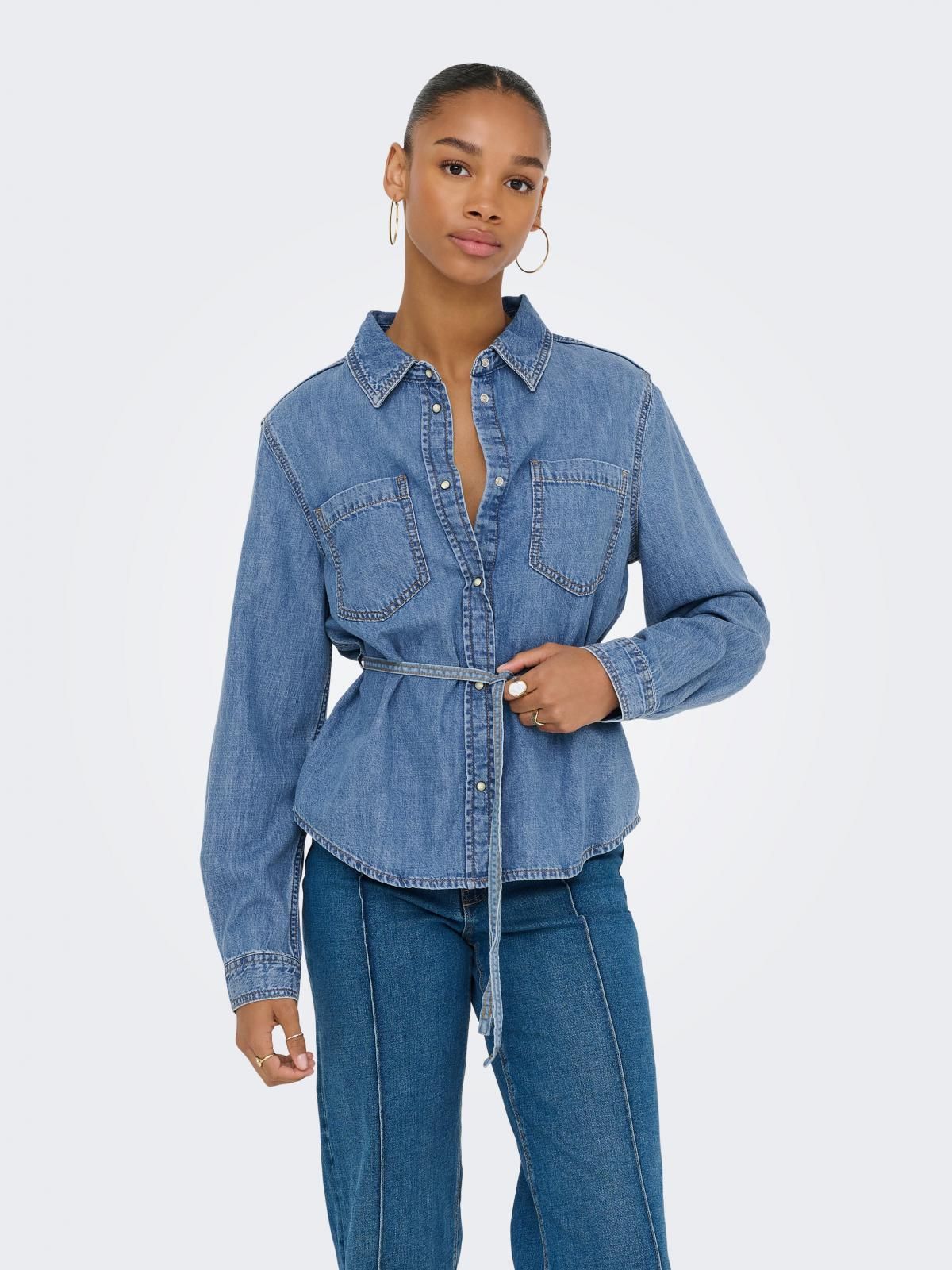 온리 트렌디 데님 셔츠 스트링 벨트 15352397_2115 BLUE / MEDIUM BLUE DENIM - 상품 이미지