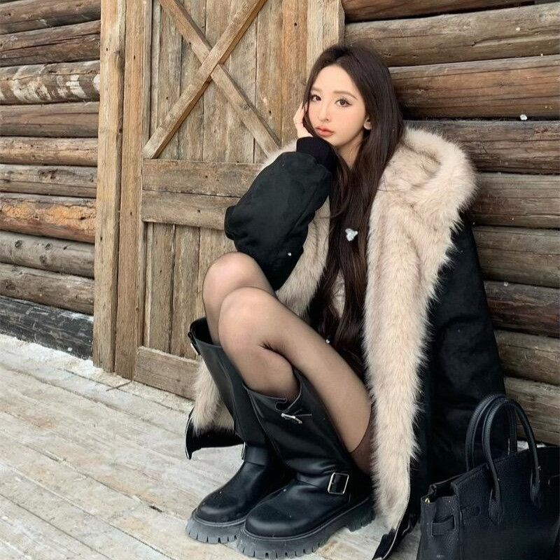 여성 루즈핏 후드 리버시블 양털 퍼자켓 숏패딩 점퍼 따뜻한 겨울 데일리 아우터 - 상품 이미지