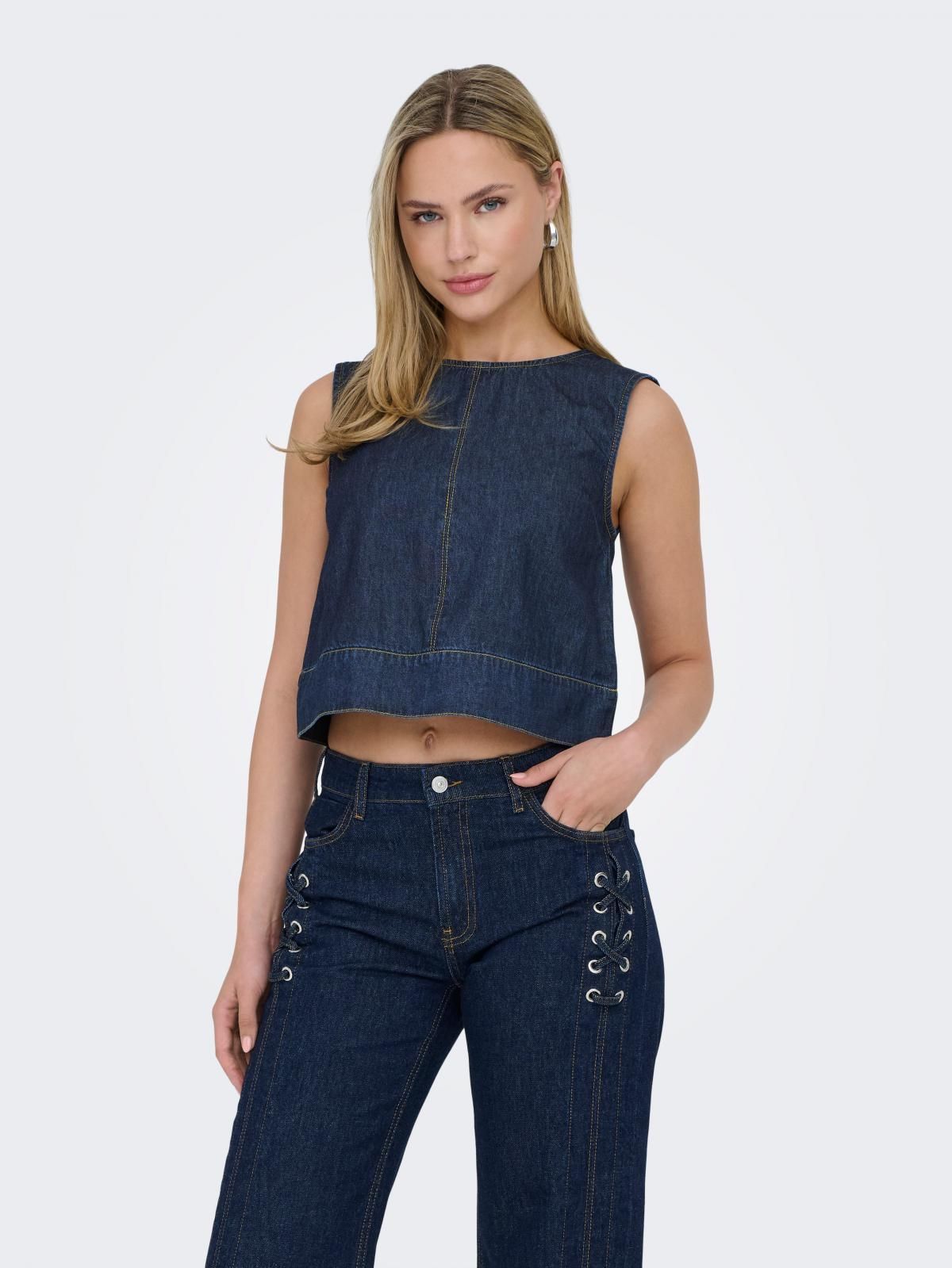 제이디와이 데님 크롭 민소매 탑 15351410_2114 BLUE / DARK BLUE DENIM - 상품 이미지