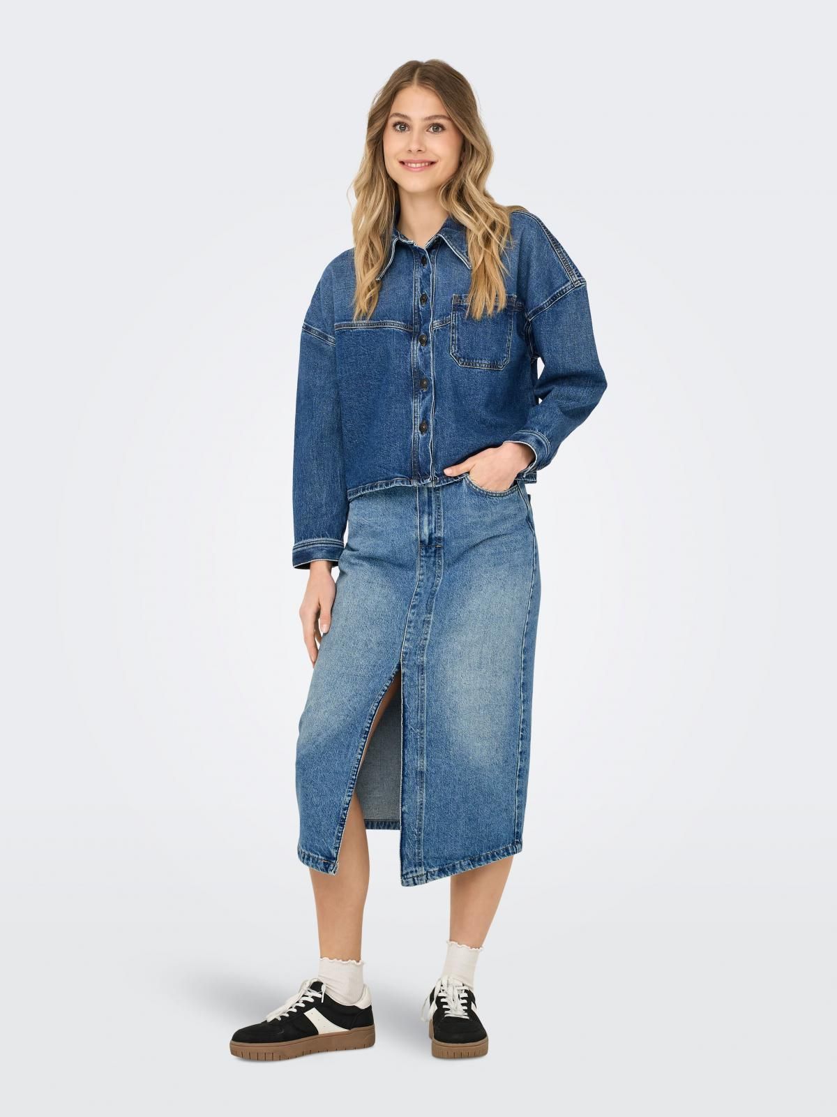 온리 미드워시 데님 미디 스커트 슬릿 캐주얼 15326839_2115 BLUE / MEDIUM BLUE DENIM - 상세 이미지 5