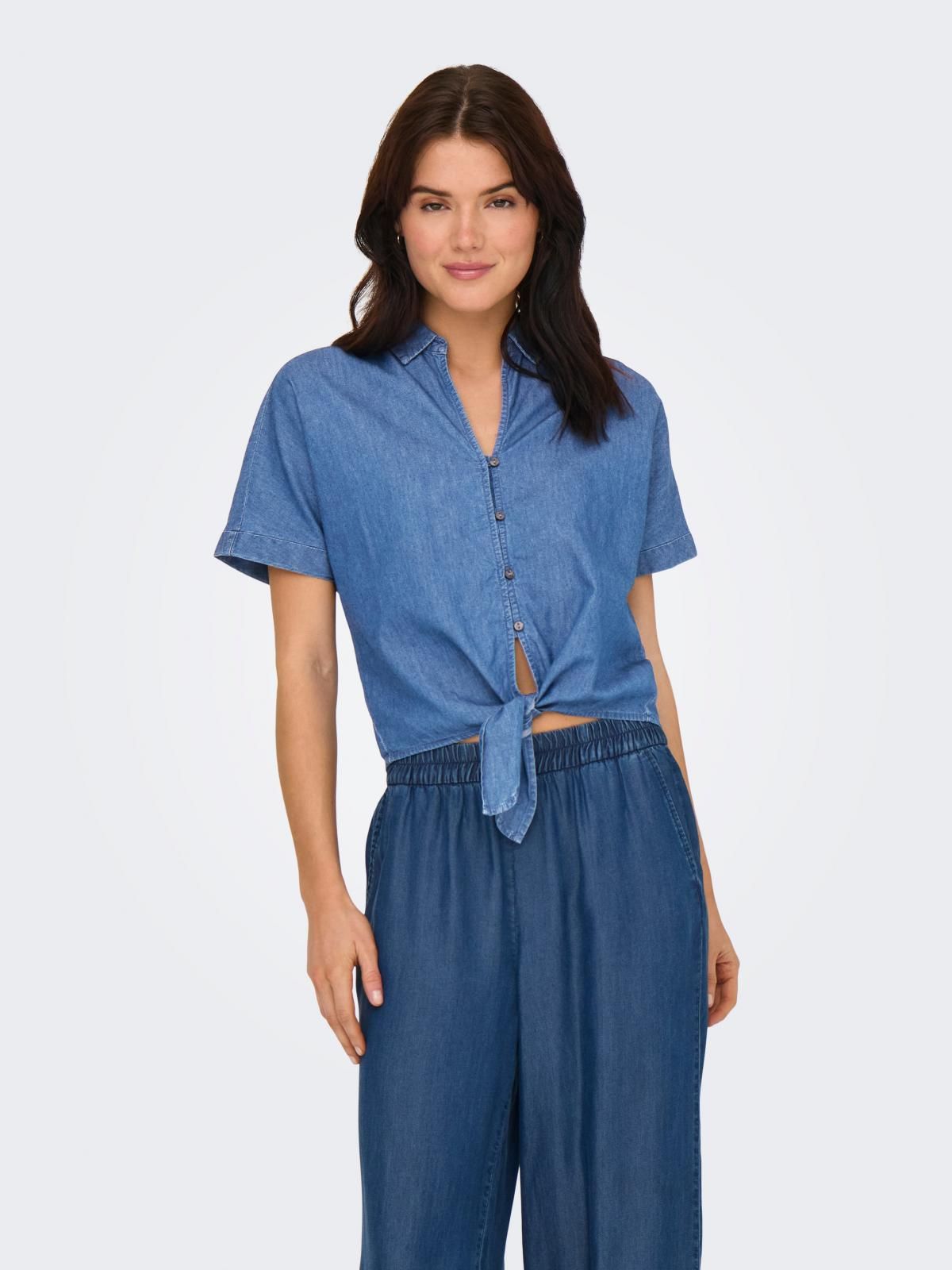 온리 테크니컬 데님 매듭 반팔 셔츠 15348893_2115 BLUE / MEDIUM BLUE DENIM - 상품 이미지