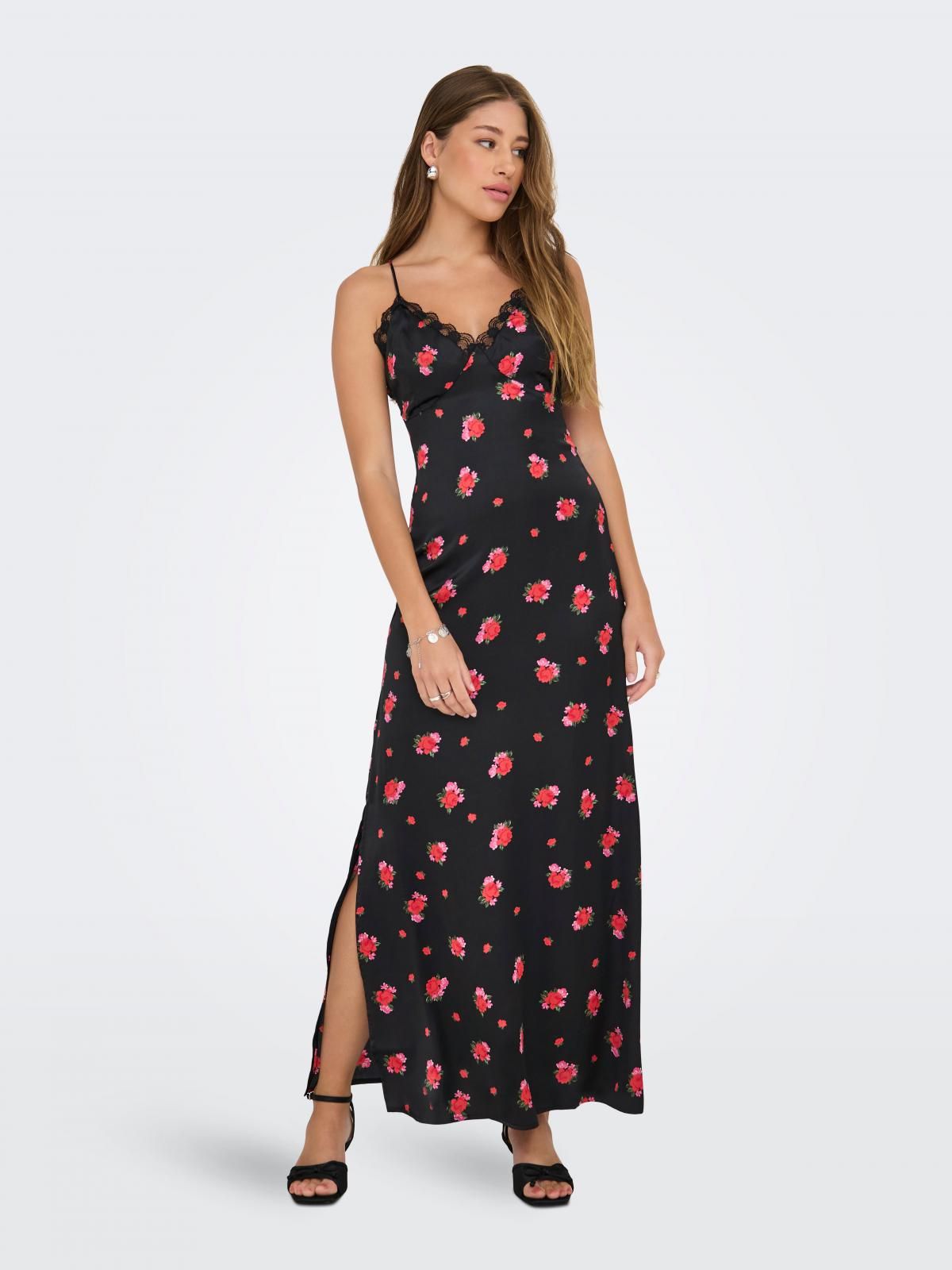 온리 슬림핏 플라워 롱 레이스 캐미솔 원피스 15366885_2161_1245961 BLACK / BLACK - 상품 이미지