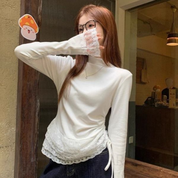 여성 레이스 프릴 반목넥 셔링 슬림핏 긴팔 티셔츠 데일리 베이직 이너 블라우스 코디 봄 가을 - 상품 이미지