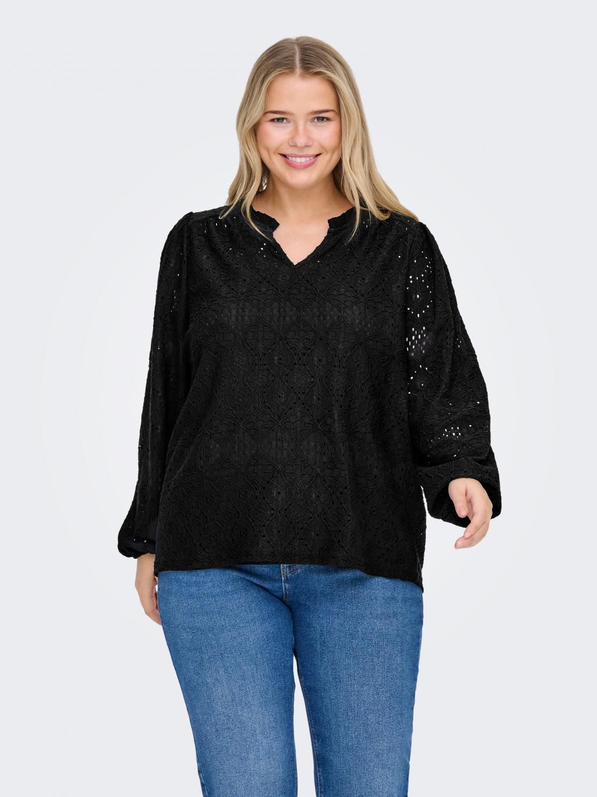 온리 빅사이즈 레이스 브이넥 벌룬 블라우스 15361906_2161 BLACK / BLACK - 상품 이미지
