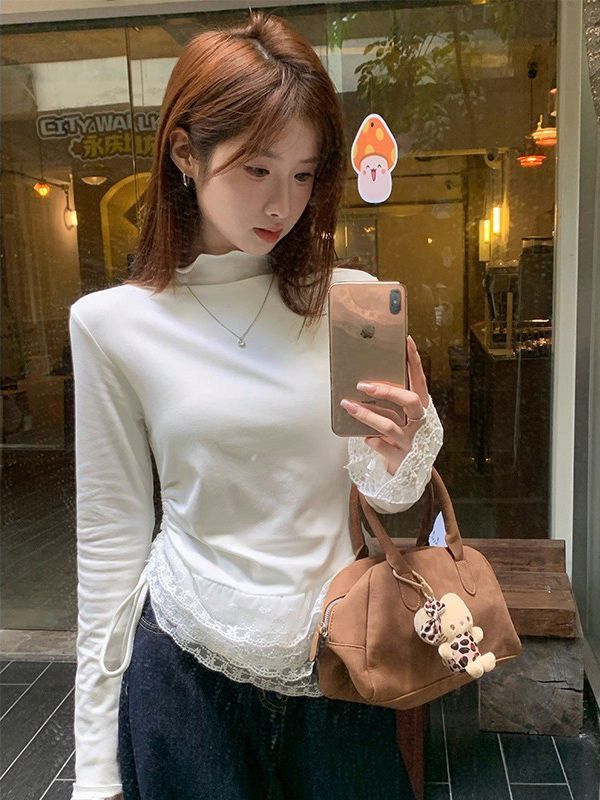여성 레이스 프릴 반목넥 셔링 슬림핏 긴팔 티셔츠 데일리 베이직 이너 블라우스 코디 봄 가을 - 상세 이미지 3