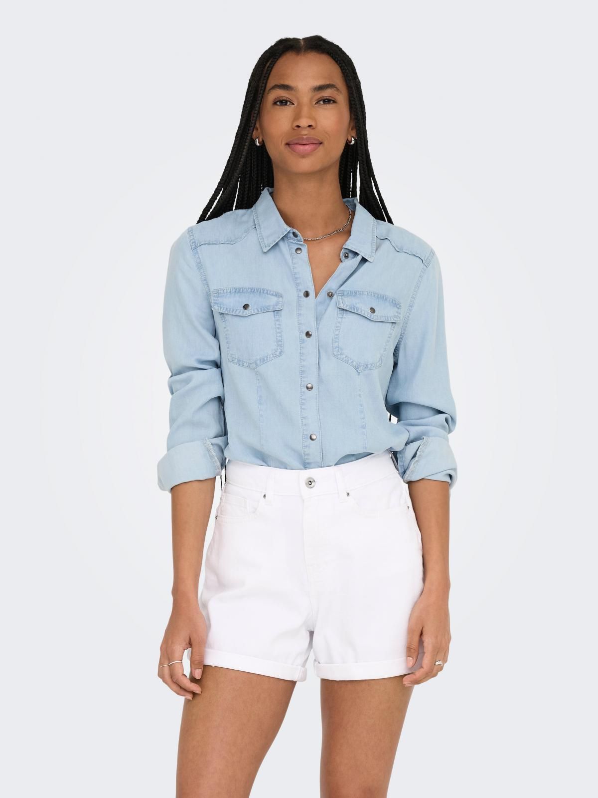 온리 오버사이즈 데님 셔츠 캐주얼 포켓 15357598_2116 BLUE / LIGHT BLUE DENIM - 상세 이미지 2