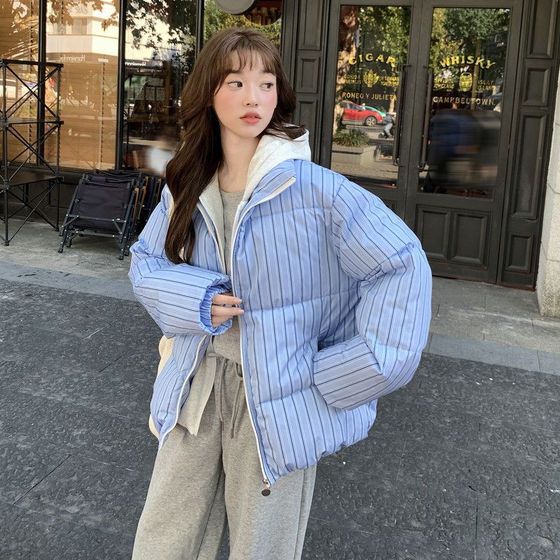 여성 캐주얼 스트라이프 루즈핏 후드 패딩 점퍼 오버핏 레이어드 코디 아우터 가을 겨울 - 상세 이미지 2