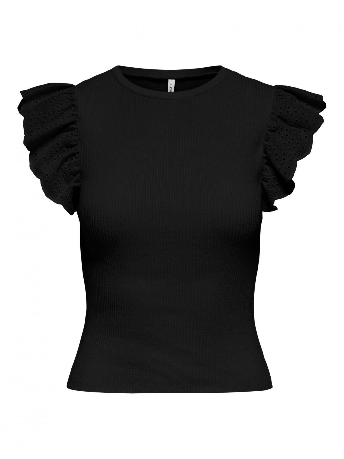 온리 프릴소매 라운드넥 니트 탑 슬림핏 15347788_2161 BLACK / BLACK - 상세 이미지 3