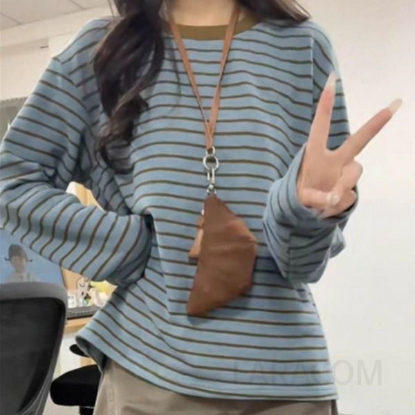 여성 루즈핏 라운드넥 스트라이프 티셔츠 긴팔 데일리룩 간절기 캐주얼 베이직 기본티 가을 - 상품 이미지
