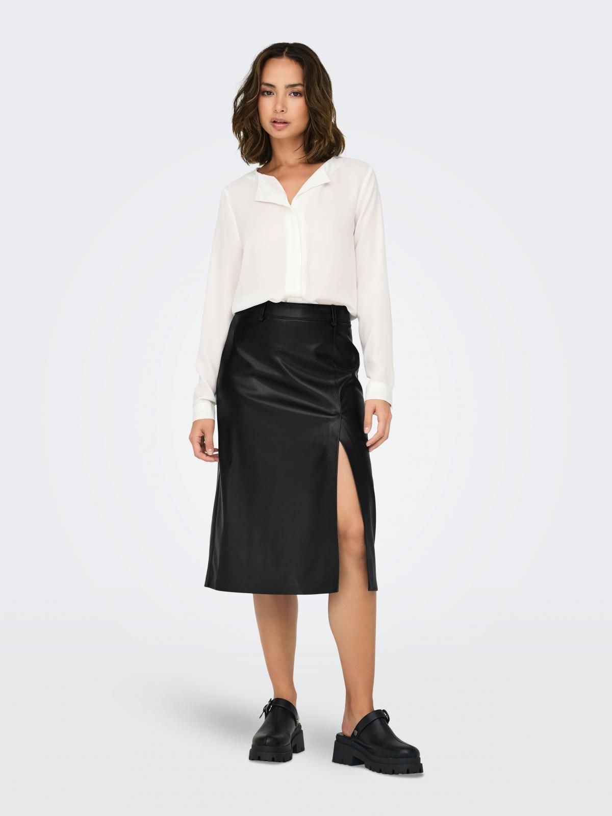 온리 페이크 레더 미디 스커트 슬릿 15325943_2161 BLACK / BLACK - 상세 이미지 5