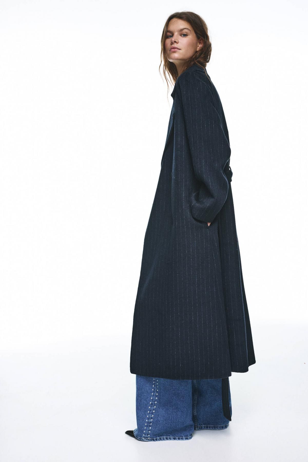 풀앤베어 오버핏 핀스트라이프 벨트 롱코트 7800/365 NAVY - 상세 이미지 5