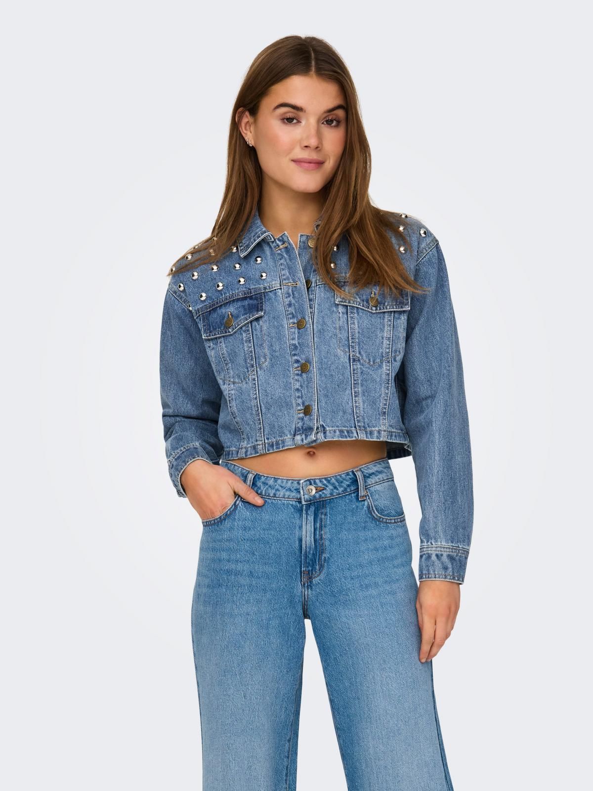 온리 트렌디 진주장식 크롭 데님 재킷 15318279_2115 BLUE / MEDIUM BLUE DENIM - 상품 이미지
