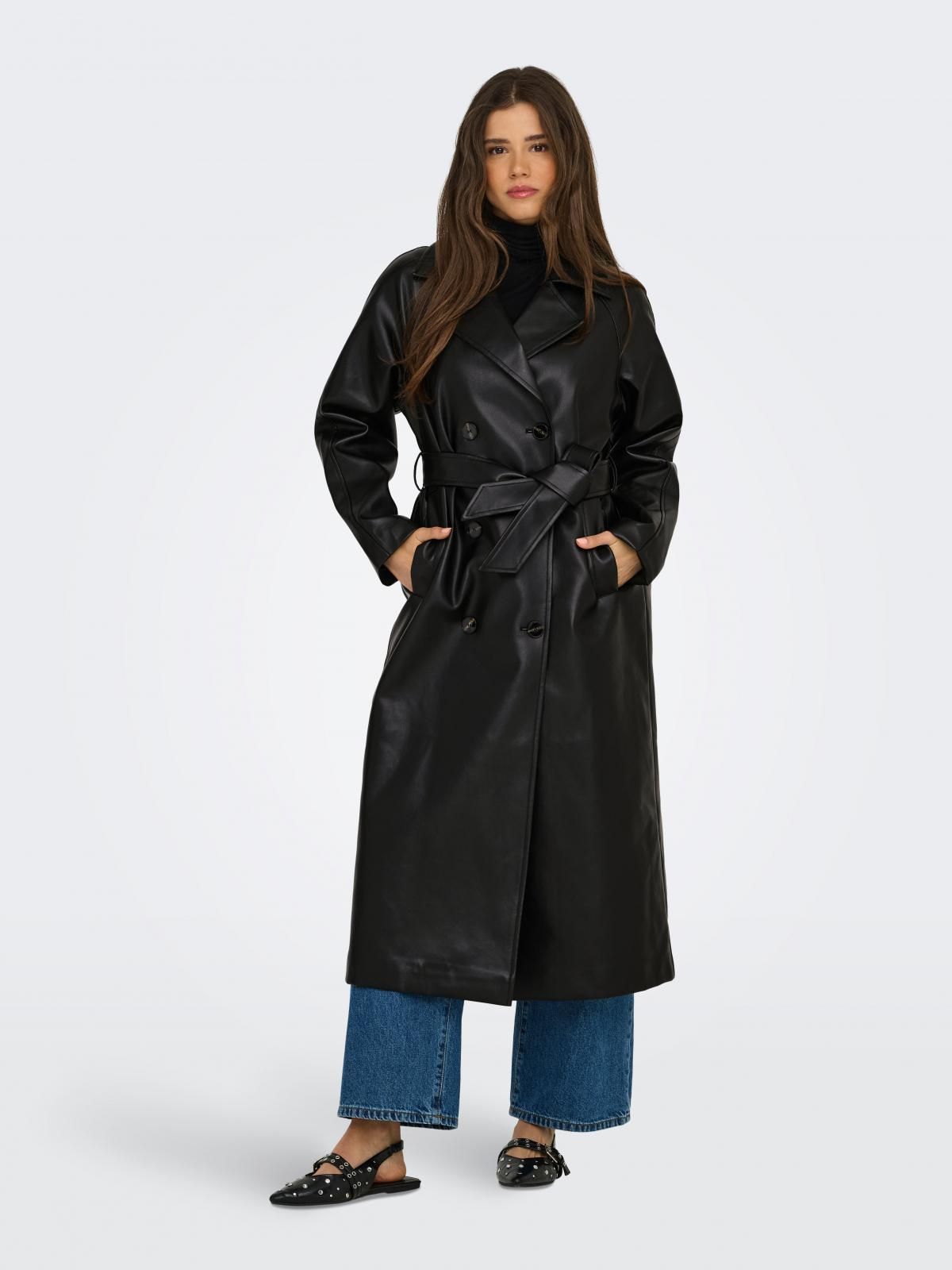 온리 더블버튼 벨티드 롱 트렌치코트 15349543_2161 BLACK / BLACK - 상세 이미지 5