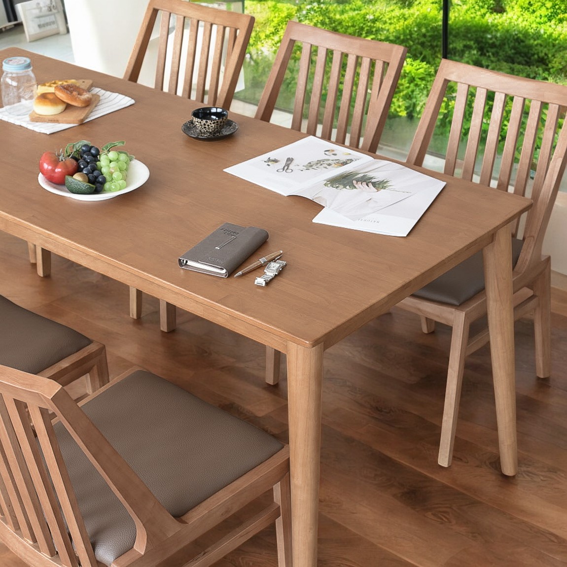이즈네이처 라벤더프리지 원목 6인용식탁 세트 식탁+의자3+등받이 3인벤치1, 1800mm, 라이트브라운