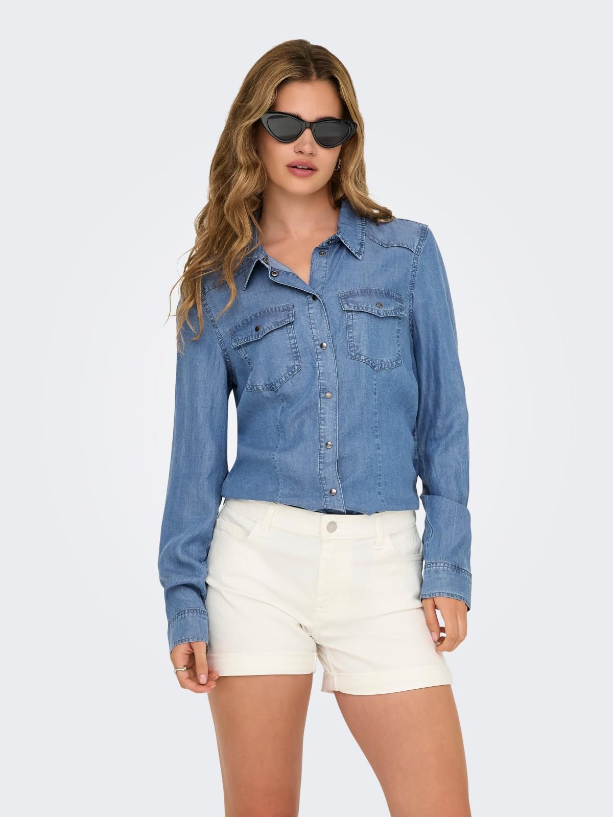 온리 데님 오버핏 테크니컬 긴팔 셔츠 15357598_2115 BLUE / MEDIUM BLUE DENIM - 상품 이미지