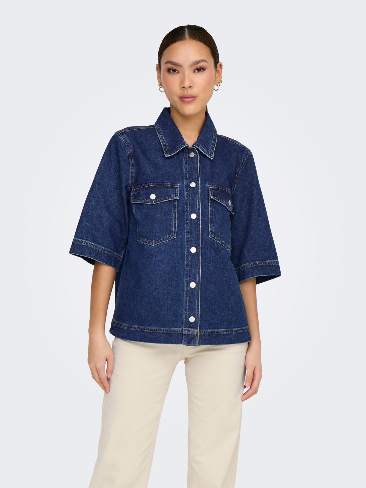 온리 오버핏 데님 반팔 셔츠 15347084_2114 BLUE / DARK BLUE DENIM - 상품 이미지