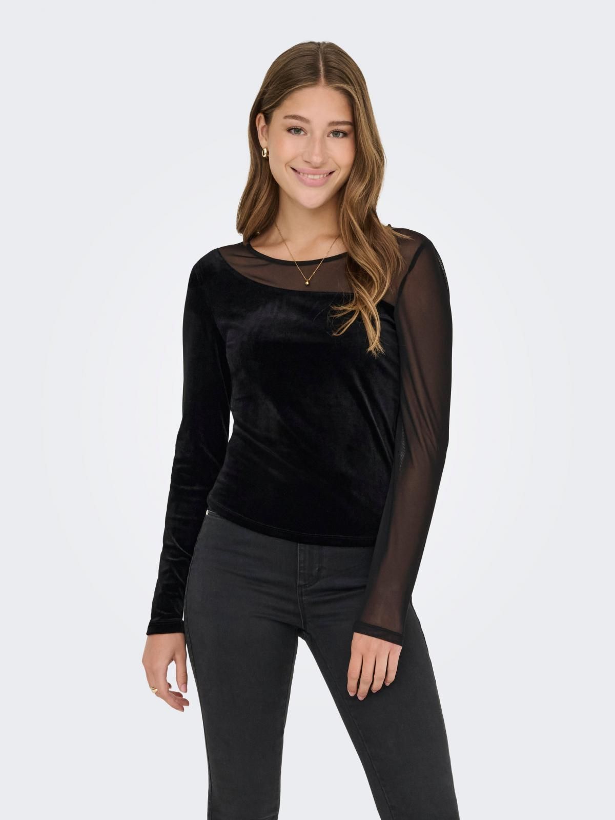 온리 레이스 시스루 벨벳 긴팔 티셔츠 15360668_2161_1233037 BLACK / BLACK - 상품 이미지