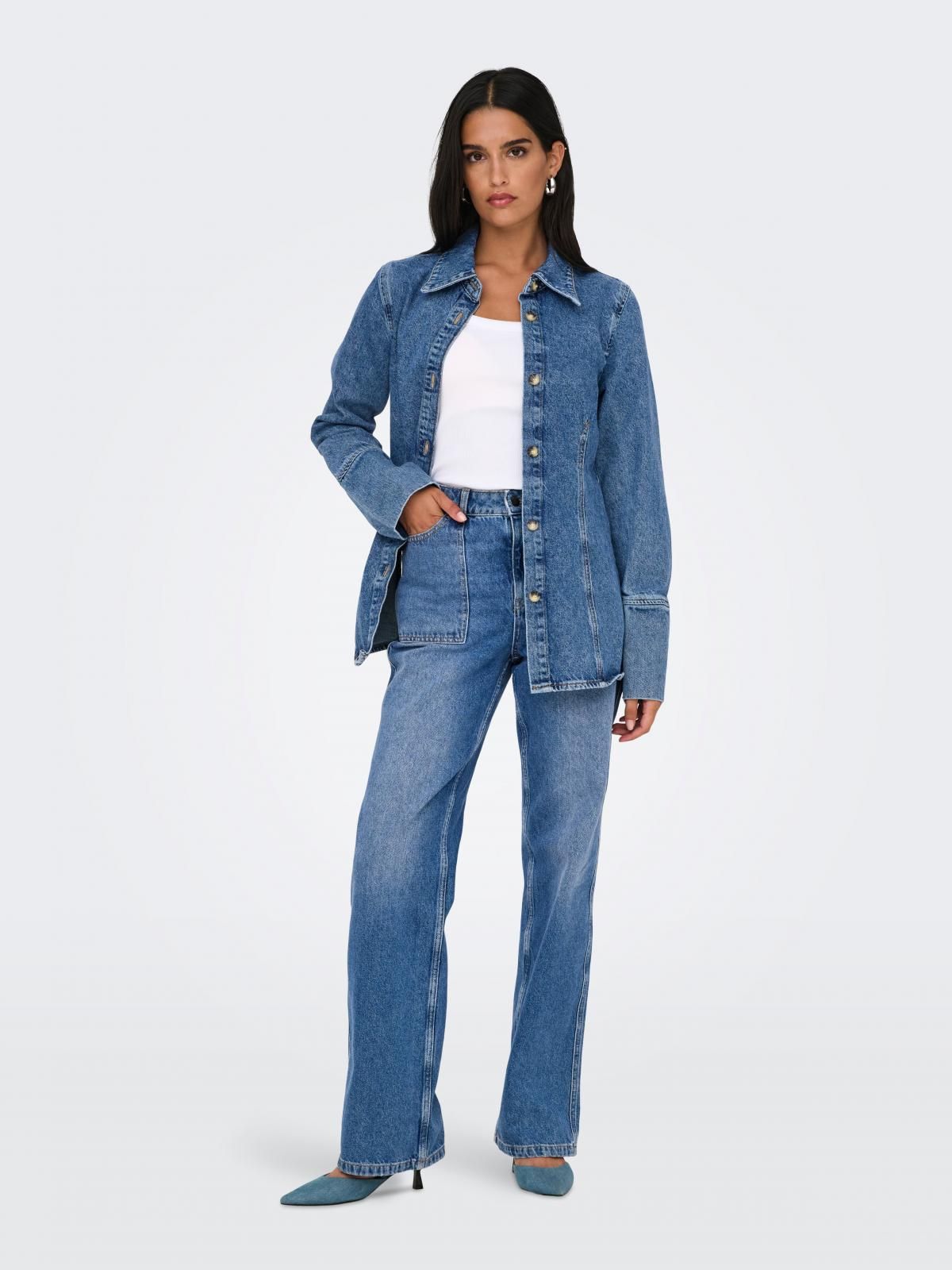 온리 슬림핏 테크니컬 캐주얼 데님 셔츠 15340935_2115 BLUE / MEDIUM BLUE DENIM - 상세 이미지 5