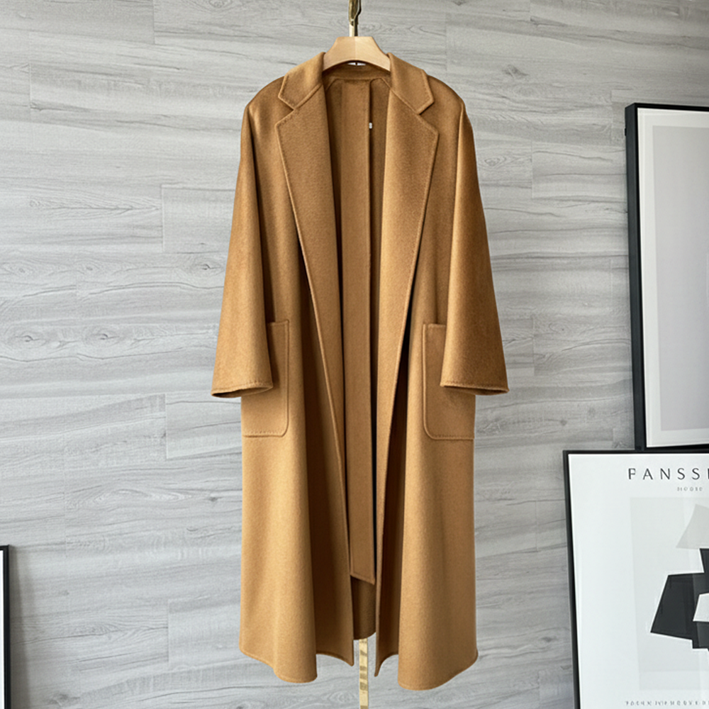 핸드메이드 여성 겨울 코트 캐시미어100 지블링 숄카라 카멜 벨티드 가벼운 롱 코트 제품 이미지