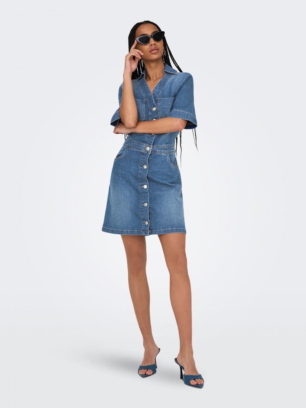 온리 데님 버튼업 셔츠카라 미니 원피스 15352314_2115 BLUE / MEDIUM BLUE DENIM - 상세 이미지 5